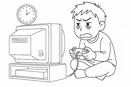 徹夜でビデオゲームをして寝不足の少年の画像