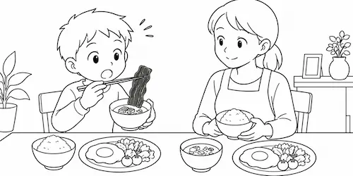 朝ごはんでみそ汁のなにあった出汁昆布に驚く男の子
