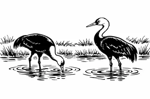餌を探す２匹のナベヅル
