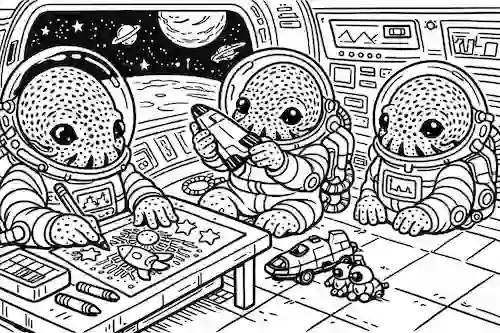 宇宙船の中で仕事をする3匹の赤ちゃんイカ