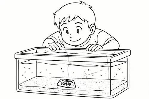 水槽に入っている四角形のイトマキヒトデを観察する小学生の男の子