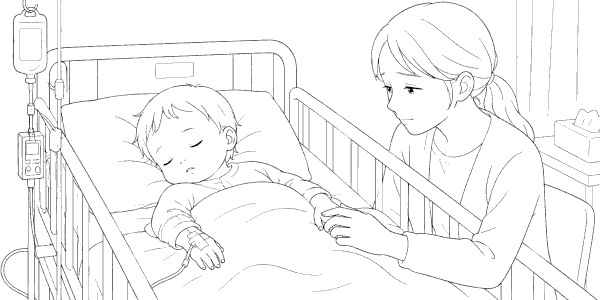 ＲＳウイルスに感染して病院で点滴を受け寝ている赤ちゃんと付き添いの母親