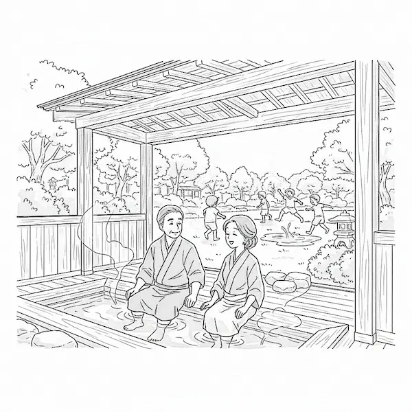 足湯でくつろいでいる壮年の夫婦と公園で遊ぶ子供たち