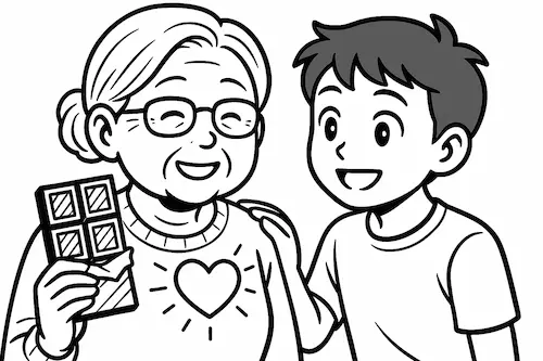 チョコレートを持った高齢の女性と孫の男の子