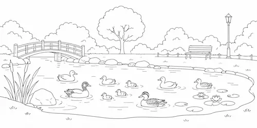 公園の池で泳ぐカモの集団
