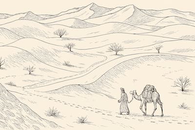 砂漠を歩く人とラクダの画像
