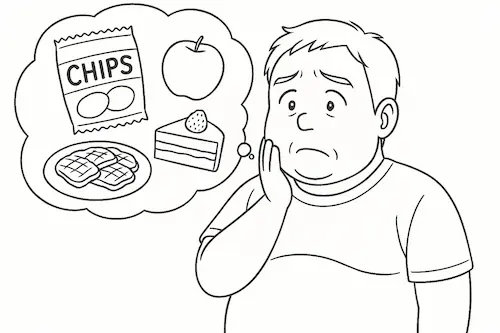 好物の食べ物を夢想する小太りの中年男性