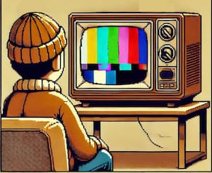ブラウン管テレビを見る人の画像