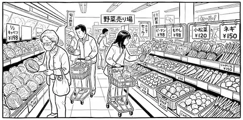スーパーマーケットの食品売り場で買い物をする人たち