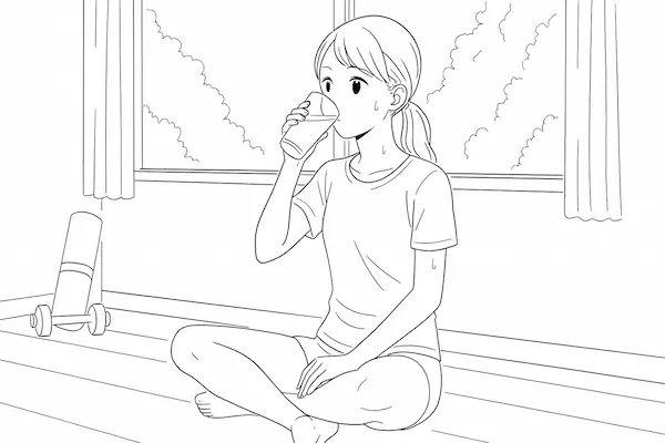 運動後の室内で牛乳を飲む女性