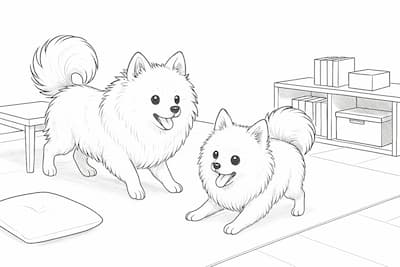 室内で遊ぶ犬のイラスト画像