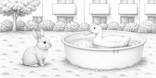 水浴びをするアヒルと会話するウサギ