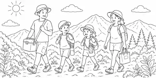 山にハイキングを楽しむ４人家族