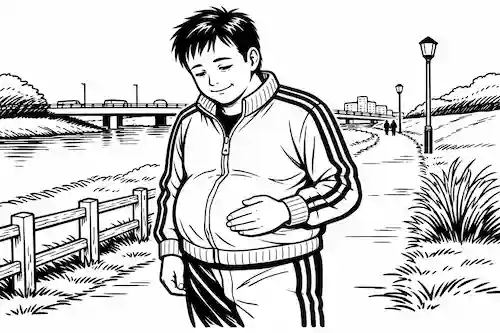 ウォーキング中にお腹を気にする男性