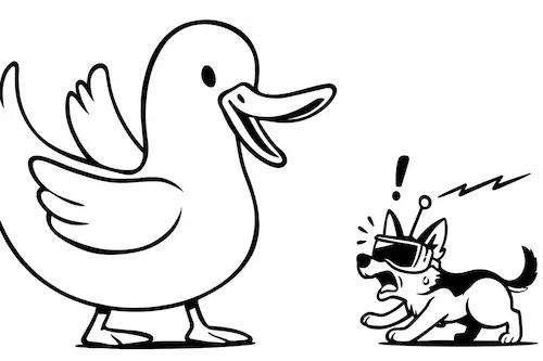 巨大なアヒルとVRゴーグルを装着した野良犬