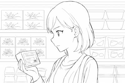 食品の品質表示欄を確認する主婦のイラスト画像