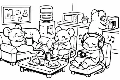 実験中に休憩するマウスたち