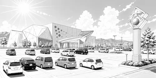 真夏の日差しが厳しい遊技場の駐車場