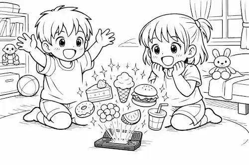 携帯ゲームの画面から飛び出した食べ物を見て喜ぶ子供たち