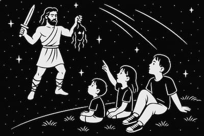 ペルセウス座流星群を観賞する子供たちの画像