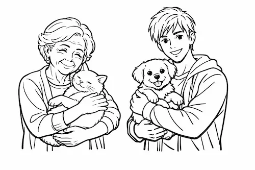 猫を抱いている高齢女性と犬を抱いている若い男性