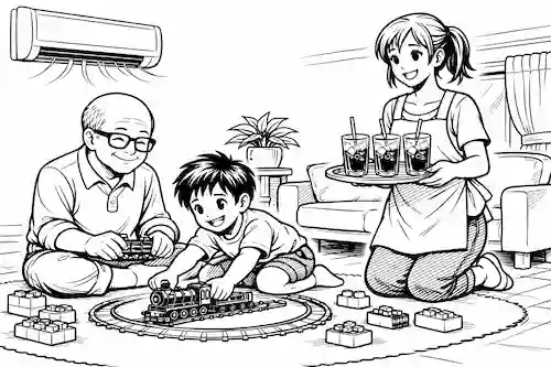 孫と遊ぶ祖父とジュースを運ぶお母さん