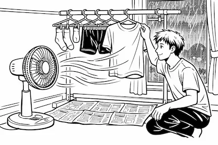 雨の日に部屋で洗濯物を乾かす男性
