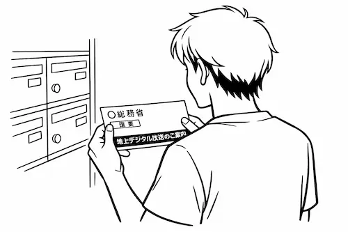 総務省からの「地上デジタル放送のご案内」の郵便物を手にしている男性